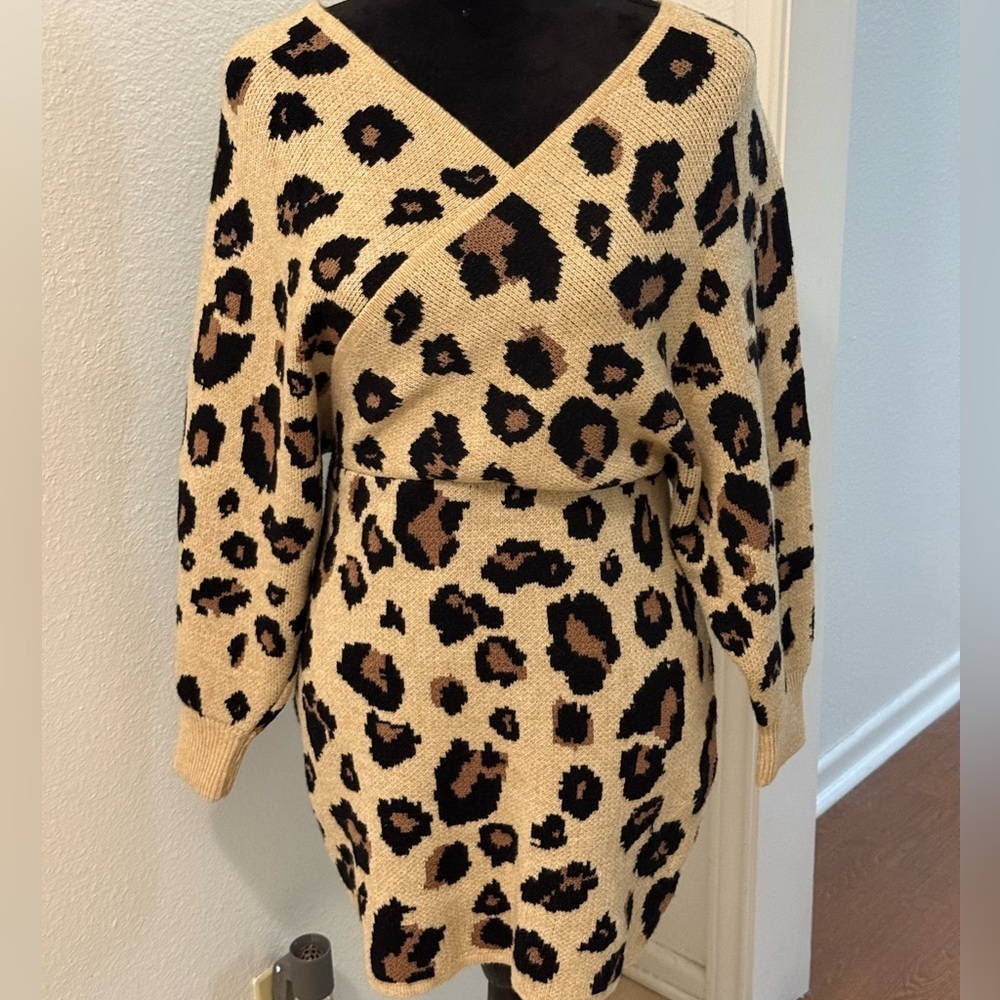 Petal Roz Leopard Print Criss Cross Sweater Dress